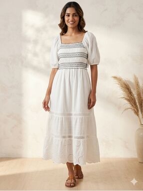 Women's White Boho Smocked Midi Dress with Puff Sleeves - Size Large NWT